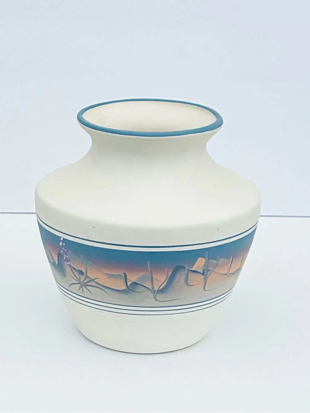 Vintage New West Pottery Hand-painted Vase Southwestern Desert Sunset Blue Rim